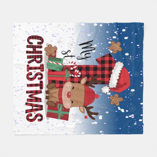 1stクリスマスサンタハットホワイトスノーベビートナカイ フリースブランケット (正面(横))
