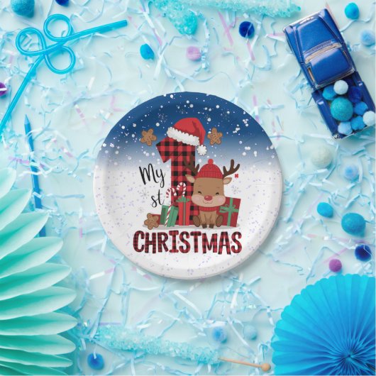 1stクリスマスサンタハットホワイトスノーベビートナカイ ペーパープレート (パーティー)