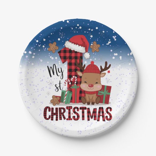 1stクリスマスサンタハットホワイトスノーベビートナカイ ペーパープレート (正面)