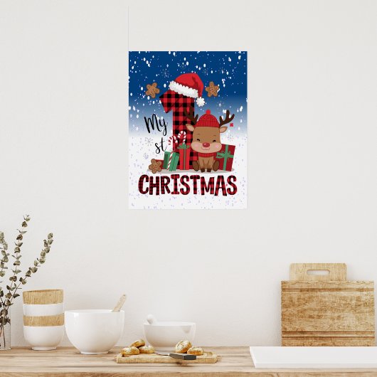 1stクリスマスサンタハットホワイトスノーベビートナカイ ポスター (キッチン)