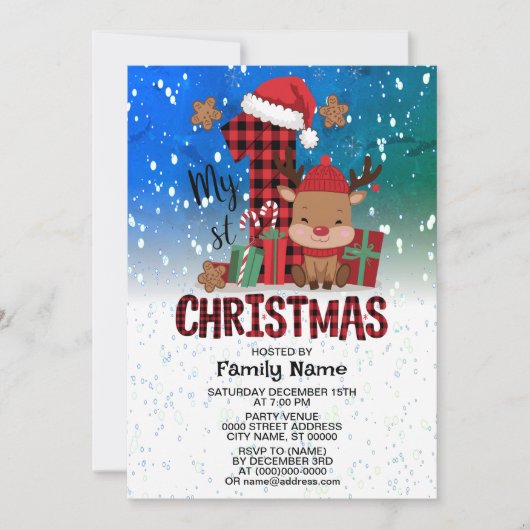1stクリスマスサンタハットホワイトスノーベビートナカイ 招待状 (正面)