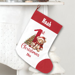 1stクリスマステディベア男の赤ちゃんレッド名 ラージクリスマスストッキング