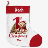 1stクリスマステディベア男の赤ちゃんレッド名 ラージクリスマスストッキング (正面)