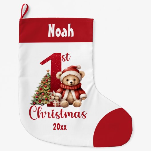 1stクリスマステディベア男の赤ちゃんレッド名 ラージクリスマスストッキング (正面)