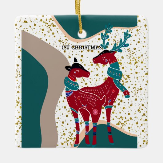 1stクリスマスディアカップル熊金ゴールドハイルBoho Art セラミックオーナメント (正面)