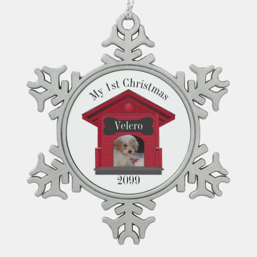 1stクリスマスドッグのアップロード写真ドッグハウスw Bone Me スノーフレークピューターオーナメント (正面)