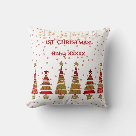 1stクリスマス金ゴールドオーナメントツリースノーフレークベビー クッション (正面)