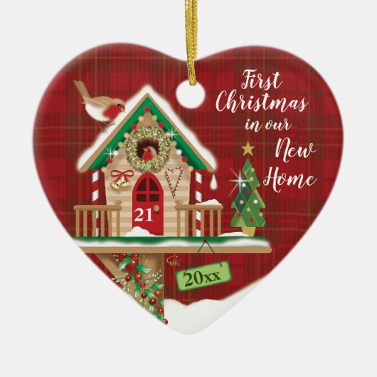 1stクリスマス、私たちの新しい家、バードハウス セラミックオーナメント (正面)