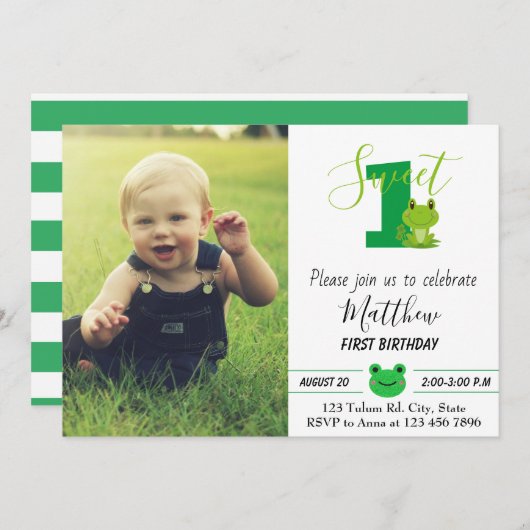 1stスウィートカエル誕生日パーティーボーイファースト 招待状 (正面/裏面)