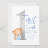 1stテディベアファースト誕生日ブルーシルバー 招待状 (正面)