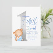 1stテディベアファースト誕生日ブルーシルバー 招待状 (スタンド正面)