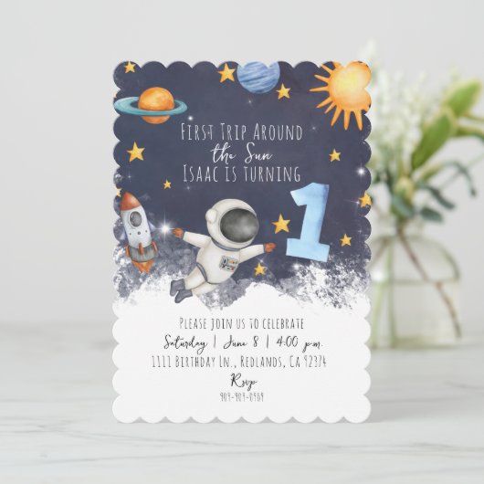 1stトリップのまわりにザサン男の赤ちゃん第1回誕生日 招待状 (スタンド正面)