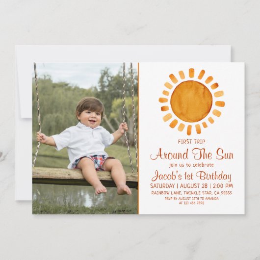 1stトリップイエローサンシャインフォト誕生日 招待状 (正面)