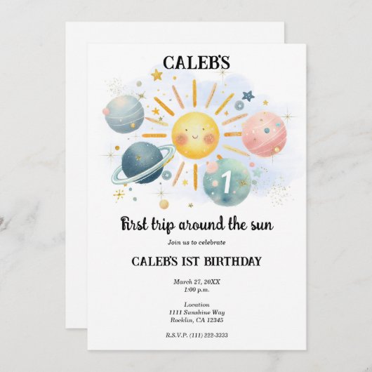 1stトリップザのまわりにサンパステルウォーターカラー1パーティー 招待状 (正面/裏面)