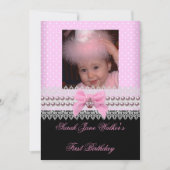 1stバースデーガールピンクホワイトパール写真最初の2 招待状 (正面)