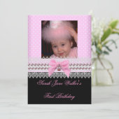 1stバースデーガールピンクホワイトパール写真最初の2 招待状 (スタンド正面)