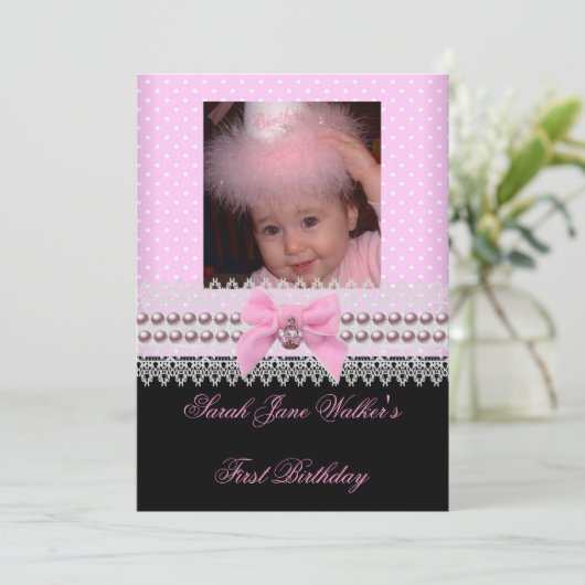 1stバースデーガールピンクホワイトパール写真最初の2 招待状 (スタンド正面)