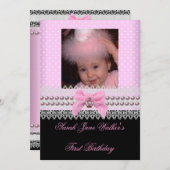 1stバースデーガールピンクホワイトパール写真最初の2 招待状 (正面/裏面)