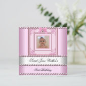 1stバースデーガールピンクホワイトパール写真最初の2 招待状 (スタンド正面)