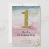 1stバースデーグモダンラムウォーター色金ゴールド紙吹雪 招待状 (正面)