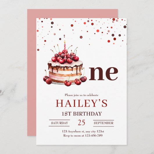 1stバースデーケーキ招待状、ガールール1st誕生日 招待状 (正面/裏面)