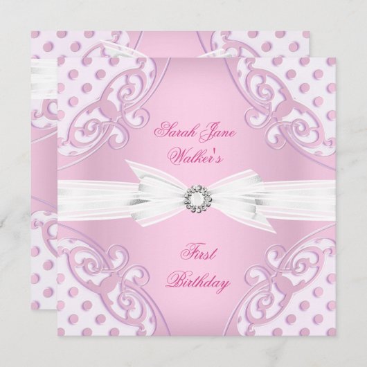 1stバースデーパーティーガールピンクホワイト水玉模様ボウ 招待状 (正面/裏面)