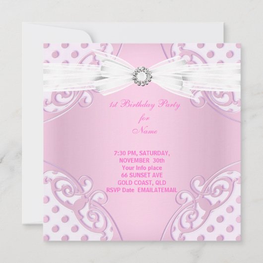 1stバースデーパーティーガールピンクホワイト水玉模様ボウ 招待状 (裏面)