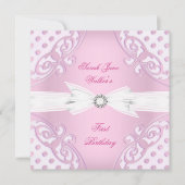 1stバースデーパーティーガールピンクホワイト水玉模様ボウ 招待状 (正面)