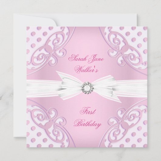 1stバースデーパーティーガールピンクホワイト水玉模様ボウ 招待状 (正面)