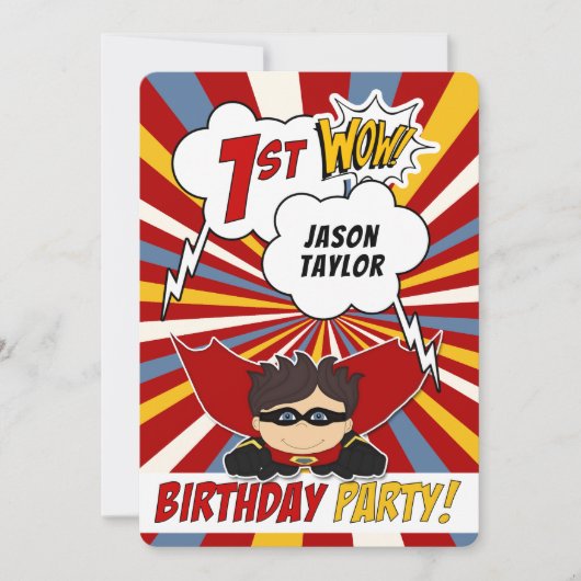 1stバースデーパーティースーパーヒーローレッド漫画for Boys 招待状 (正面)