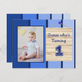 1stバースデーブルー男の赤ちゃんパーティの招待状 招待状 (正面/裏面)