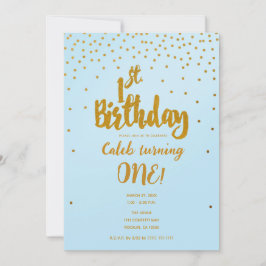 1stバースデーライトブルー&金ゴールド紙吹雪招待状 招待状