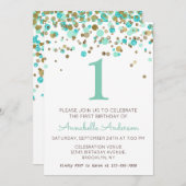 1stバースミント金ゴールドグリッタースパークル紙吹雪 招待状 (正面/裏面)