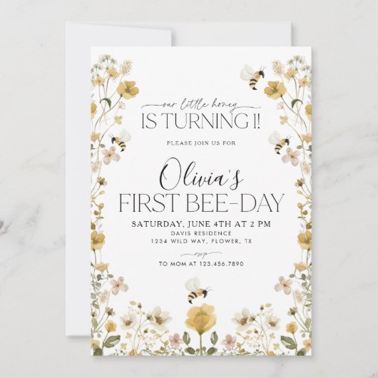 1stビーデイのまわりにガールズ誕生日フローラ 招待状 (正面)