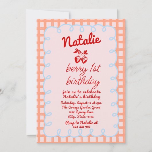1stベリーハンドドロッドストロベリーフォト誕生日 招待状 (正面)