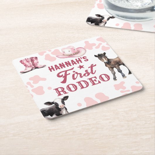 1stロデオ誕生日ピンク紙コースター スクエアペーパーコースター (アングル)