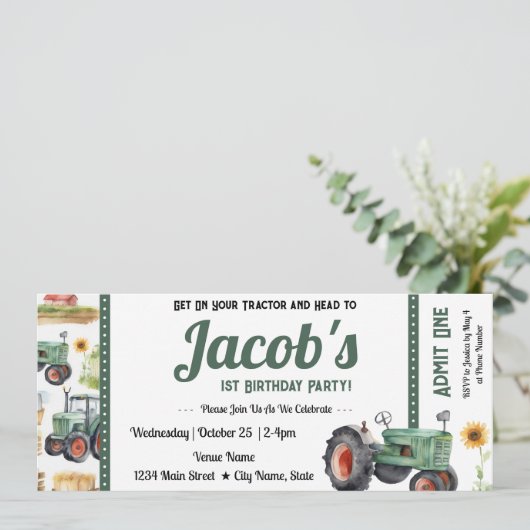 1st誕生日あなたのトラクターを取得チケット招待状 招待状 (スタンド正面)