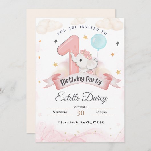 1st誕生日の招待カード – 誕生日カード 招待状 (正面/裏面)