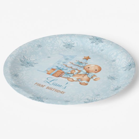 1st誕生日ジンジャーブレッドマンボーイブルークリスマス ペーパープレート (アングル)