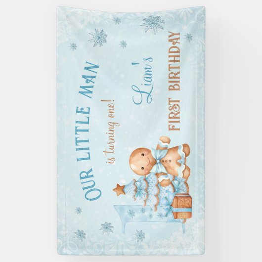 1st誕生日ジンジャーブレッドマンボーイブルークリスマス 横断幕 (縦)