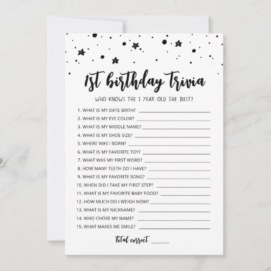 1st誕生日トリビア編集可能ゲームカード 招待状 (正面)