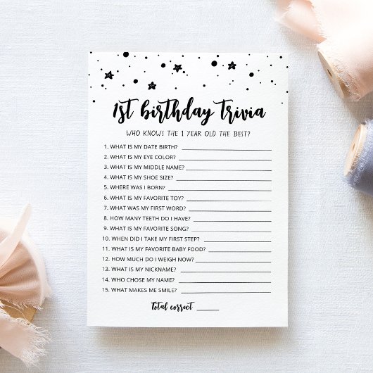 1st誕生日トリビア編集可能ゲームカード 招待状