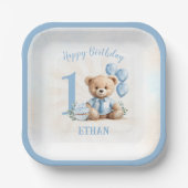1st誕生日ナンバーベアーブルースクエア紙プレート ペーパープレート (正面)