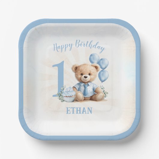 1st誕生日ナンバーベアーブルースクエア紙プレート ペーパープレート (正面)