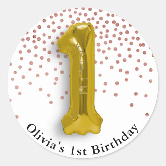 1st誕生日バラ紙吹雪と金ゴールド番号バルーン ラウンドシール (正面)