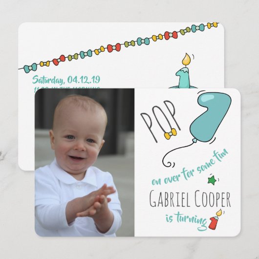 1st誕生日バルーンポストカード – プリントまたはダウンロード 招待状 (正面/裏面)