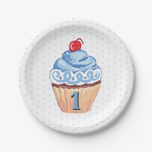 1st誕生日パーティーカップケーキボーイズブルー ペーパープレート (正面)