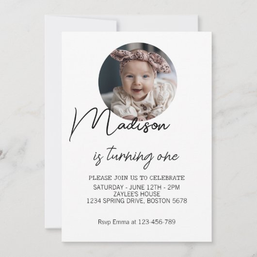 1st誕生日パーティーガールファースト誕生日フォト文字 招待状 (正面)