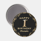 1st誕生日パーティーブラックと金ゴールドグリッターフレーム マグネット (正面/裏面)