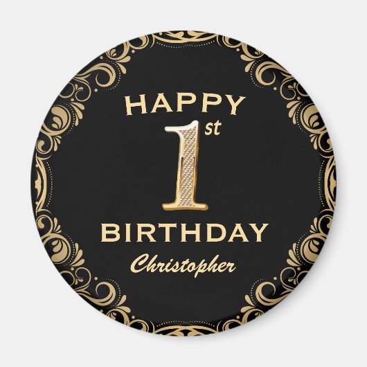 1st誕生日パーティーブラックと金ゴールドグリッターフレーム マグネット (正面)